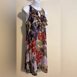 Ann Taylor Purple Red Floral Ruffle Sleeveless Scoop Neck Lined MIDI Dress SZ 10
